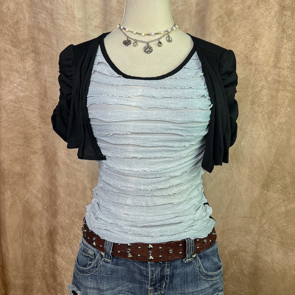Vintage Y2K Ruffled Top Bolero Jacket Layered Short Sleeve Gray Black Indie